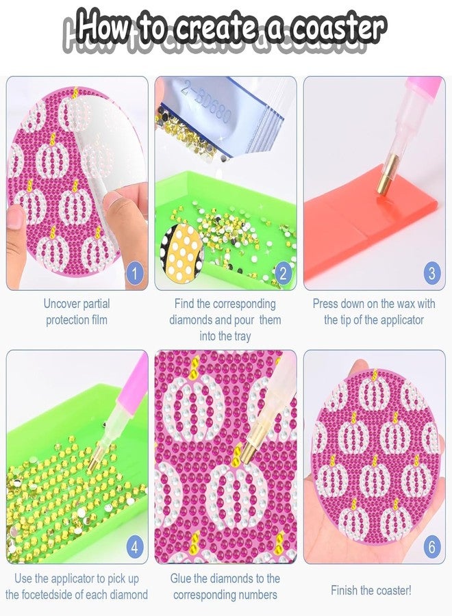 Denylo pro 8 Pcs Halloween Diamond Art Painting Coasters Kits with Holder DIY Pink Halloween Diamond Art Coaster for Adults - Image 3